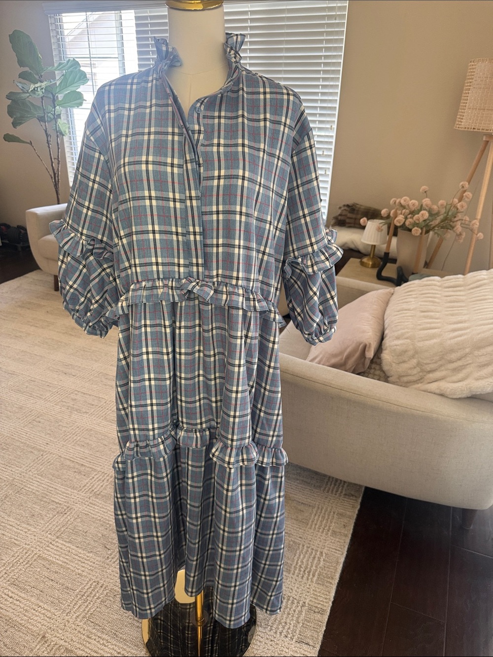 Glamorous Blue Plaid Ruffle Midi Dress